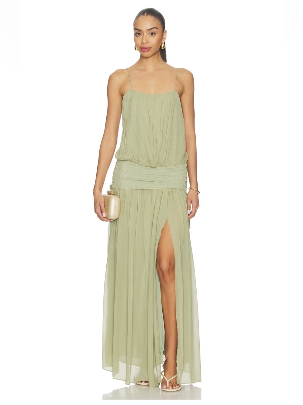 Sage Green Spaghetti-Strap Maxi Dress with Side Slit